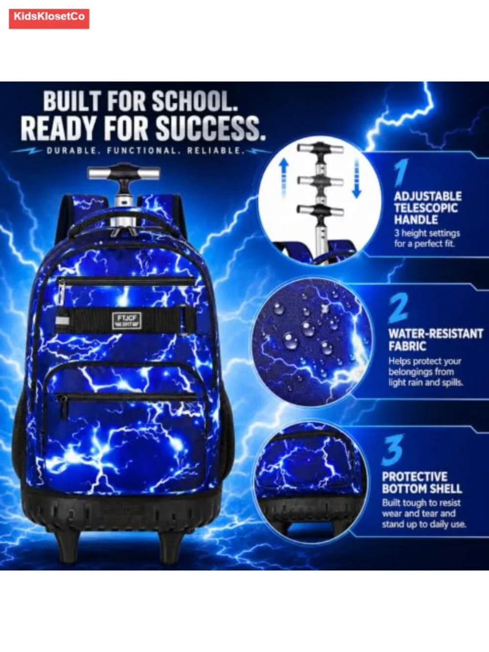 Rolling Backpack with Lunch Box and Pencil Bag, Water Resistant Wheeled Bookbag